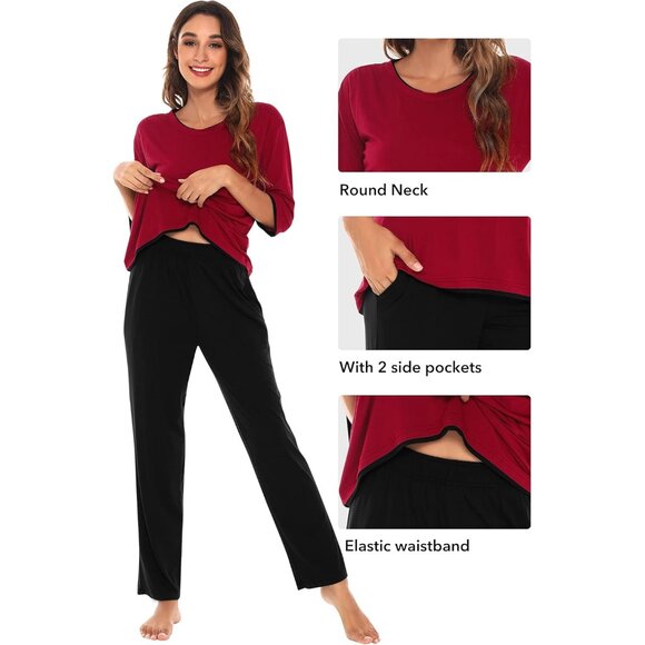 Women's Bamboo Viscose Pajama Set 3/4 Sleeve Pockets Cool All-Season - Picture 3 of 7